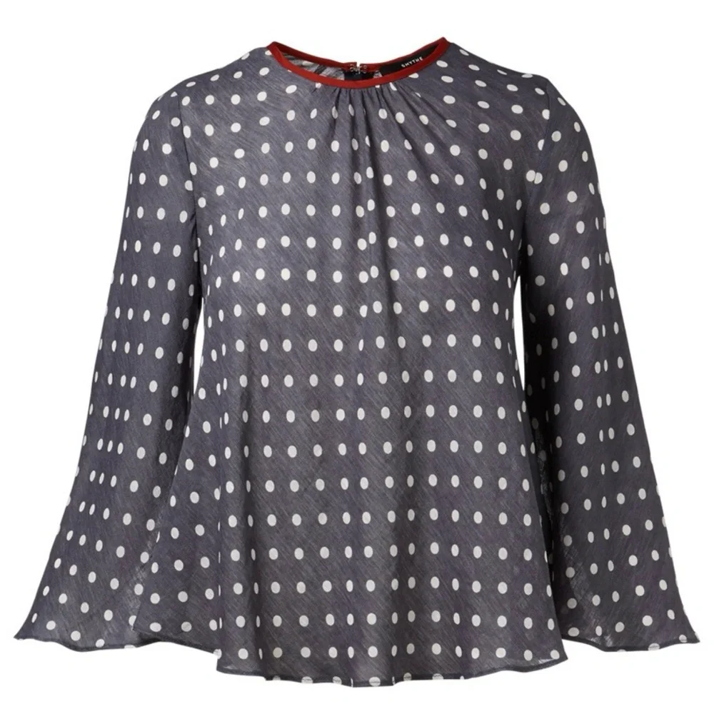 Smythe Bardot Blouse In Polka Dot Print Navy Blue Size XS - Picture 3 of 11